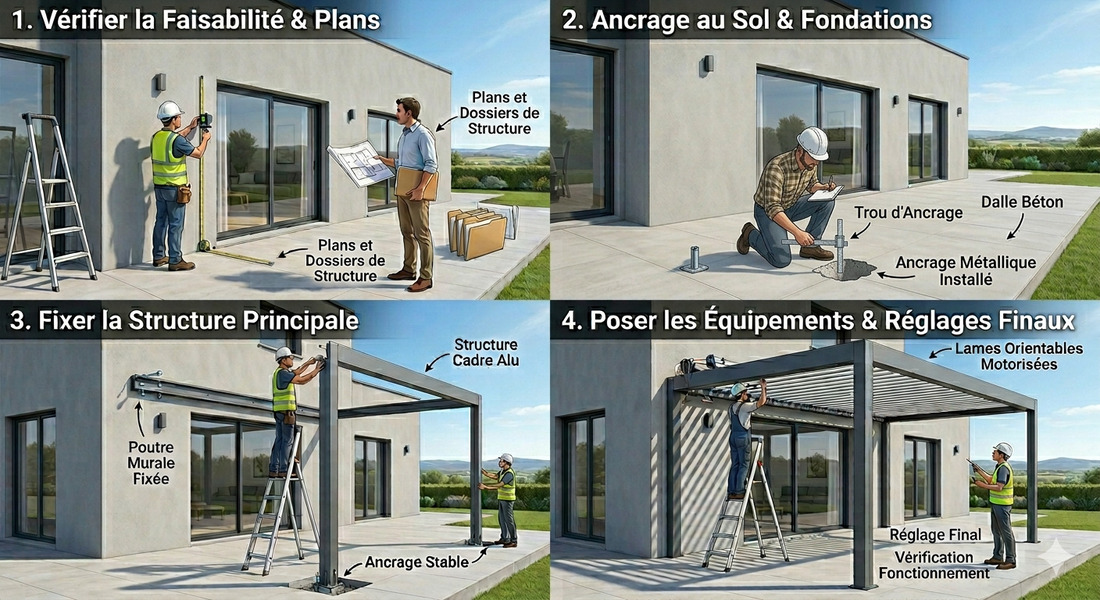 etapes installation pergola bioclimatique adossee