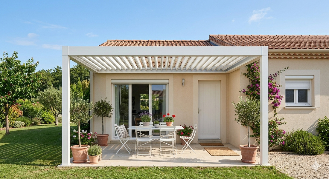 pergola bioclimatique adossee blanche