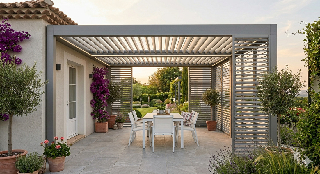 pergola bioclimatique adossee persiennes