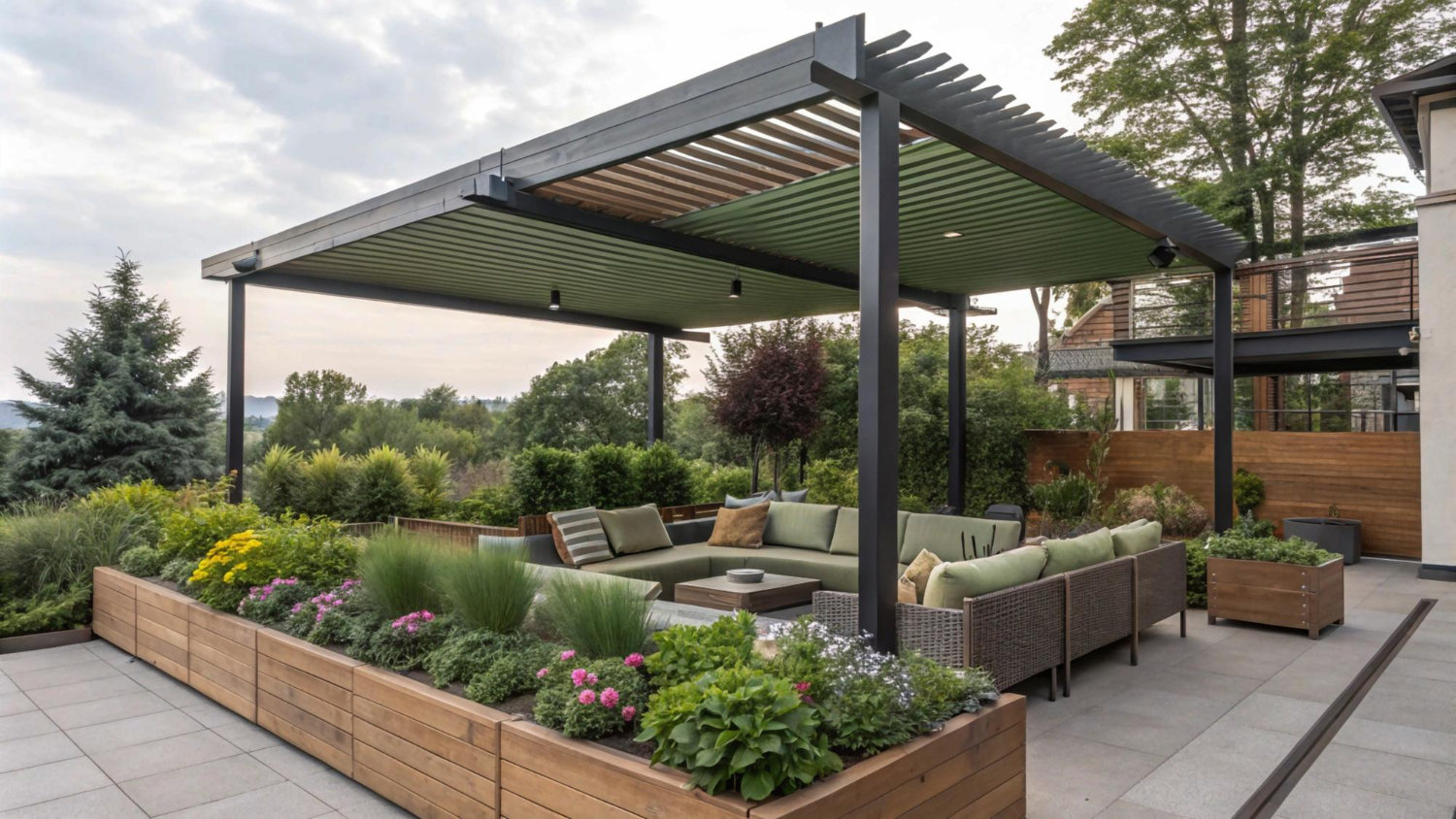 une pergola dite bioclimatique abrite un espace exterieur des intemperies